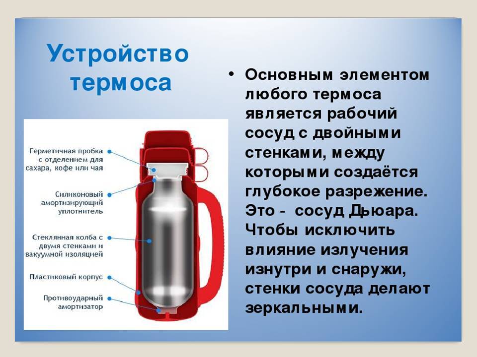 Должна ли нагреваться. Устройство и принцип работы термоса. Теплопередача термоса физика. Конструкция термоса. Строение термоса.