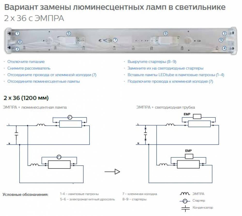 Замена лампы дневного света на светодиодную схема подключения