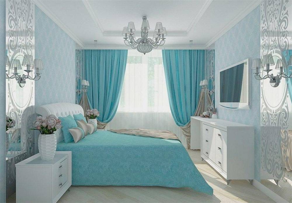 Спальня в голубых тонах: с белым, серым, бежевым, синим оттенком