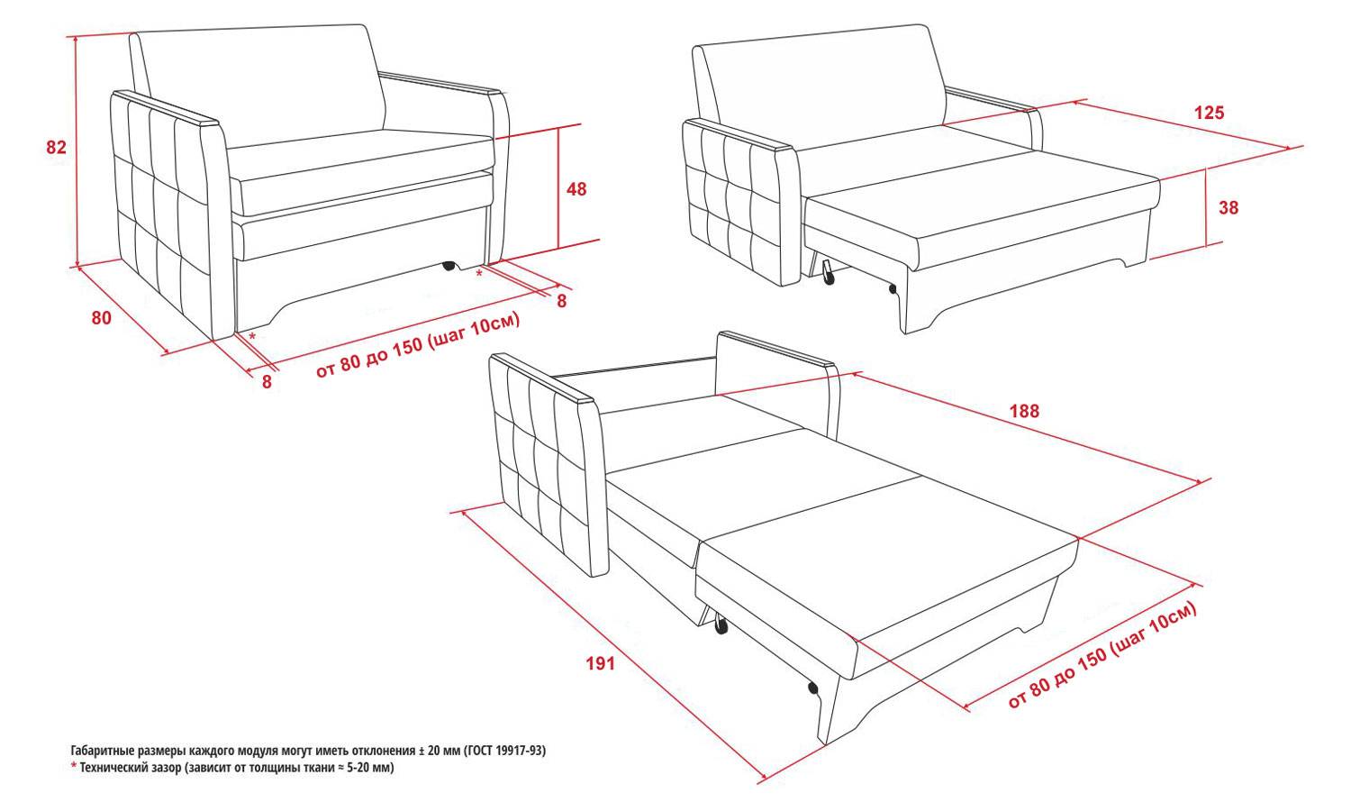 размеры диванов раскладывающихся вперед стандартные размеры