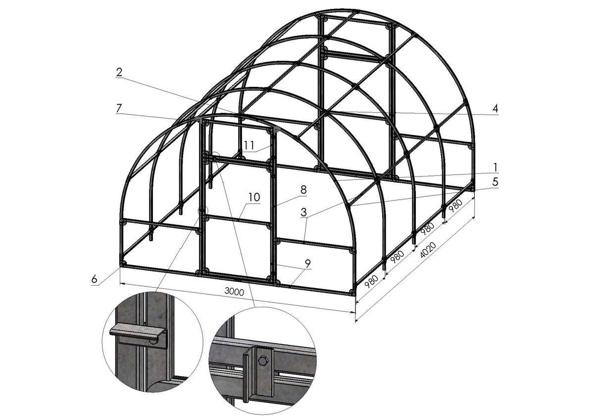 Чертеж теплицы из профильной трубы с размерами