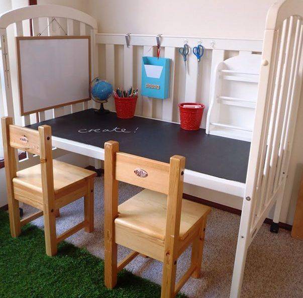 Что можно сделать из старой детской кроватки: письменный детский столик, скамейка, полка из детской кровати своими руками