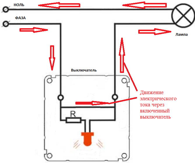 Принцип выключателя. Выключатель света с индикатором включения схема подключения. Выключатель с индикацией включения схема подключения. Выключатель с диодной подсветкой схема подключения. Схема подключения светодиодной подсветки с выключателем.