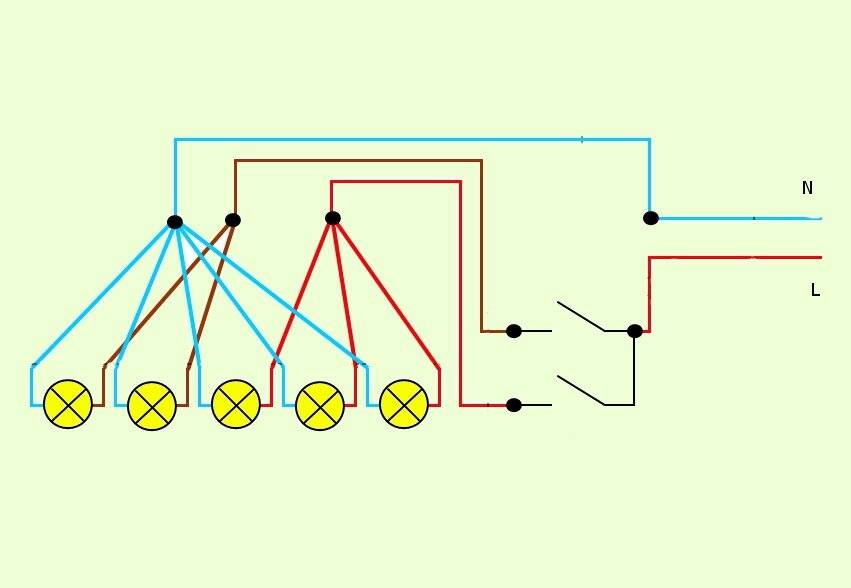 Как подсоединить люстру - схема соединения с двумя и тремя проводами к одноклавишному и двухклавишному выключателю