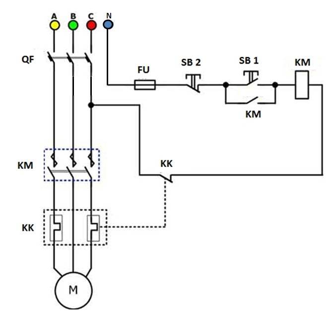 Схема пуска двигателя с магнитным пускателем и тепловым реле