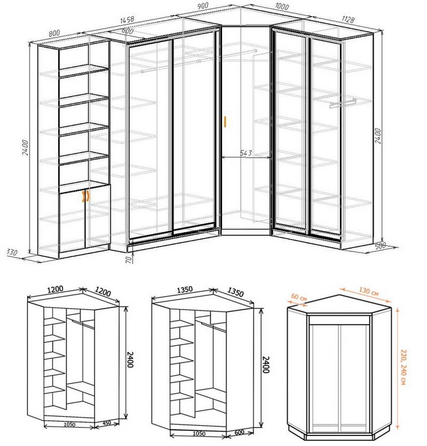 Схема углового шкафа с размерами